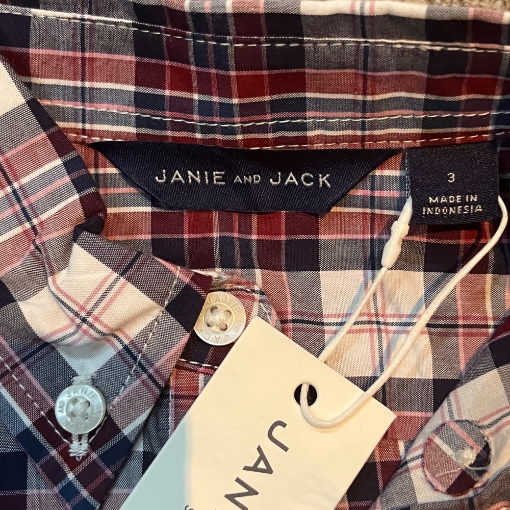Janie and Jack NWT Tartan Plaid Poplin Button-Down Long-Sleeve Shirt Size 3T - Picture 3 of 5